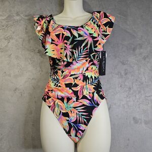 LA BLANCA One Piece Size 6 Goddess Palm Ruffle Off On‎ Shoulder Swimsuit  Ruched